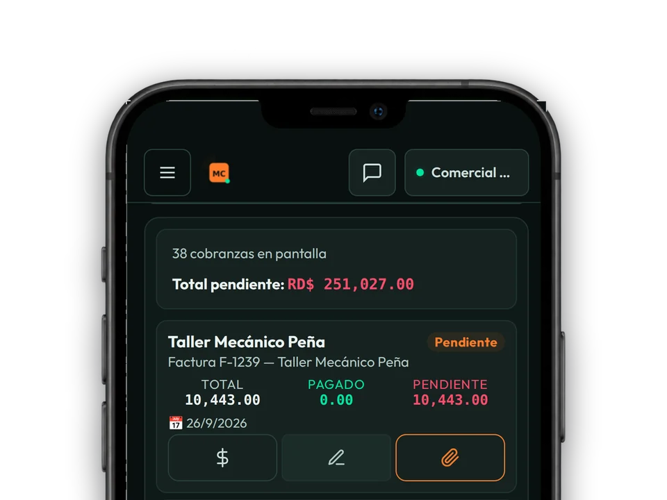 Cuentas por cobrar en el teléfono: total pendiente y cada factura con lo pagado y lo que falta.