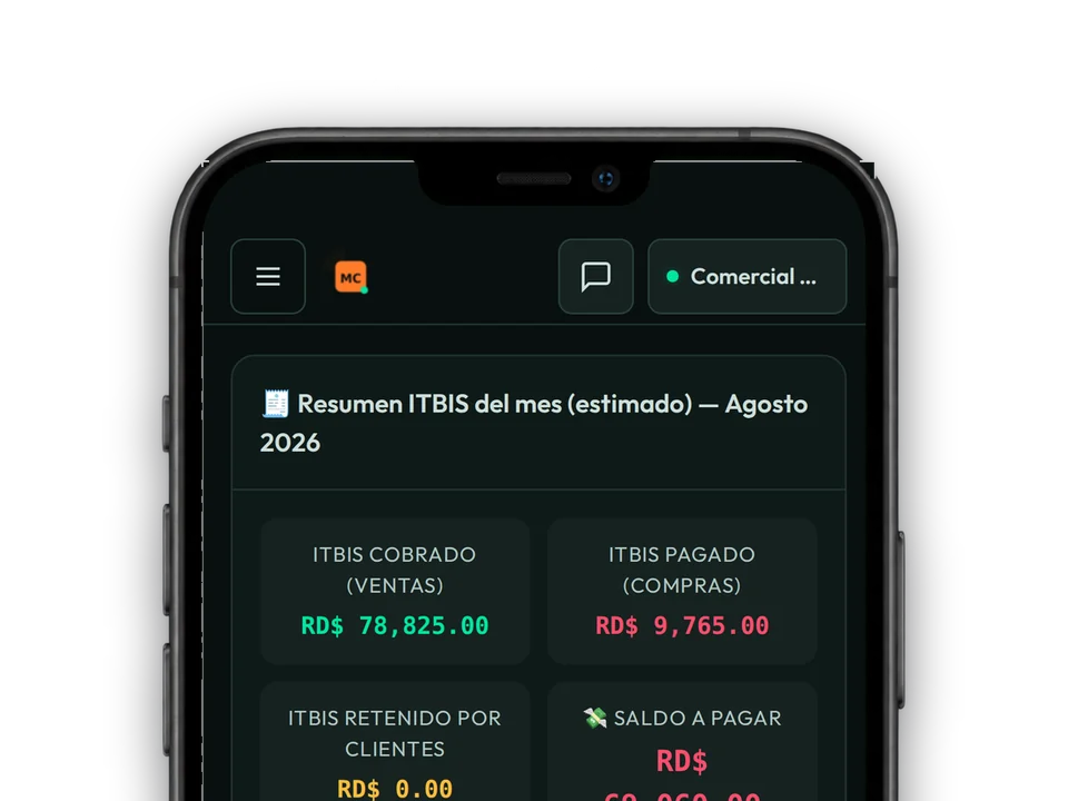 DGII en el teléfono: ITBIS cobrado, ITBIS pagado, retenido y saldo a pagar del mes.