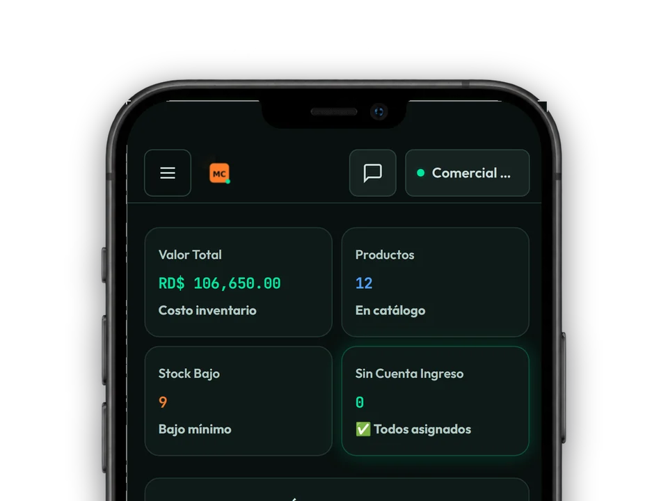 Stock en el teléfono: valor del inventario, productos en catálogo y cuántos están bajo el mínimo.